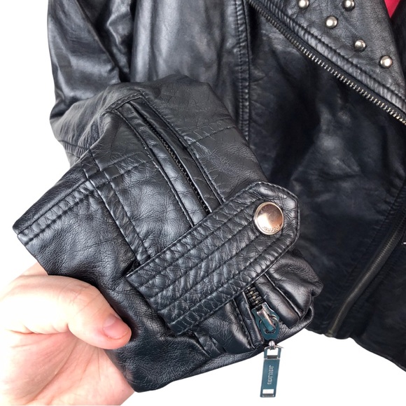 Jou Jou Faux Leather Studded Black Moto Asymmetric Zip Up Biker Jacket S - Picture 5 of 14